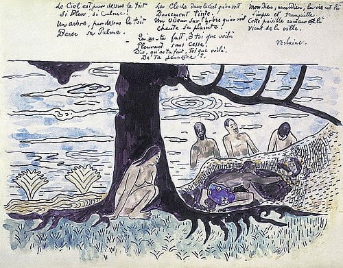 Paul Gauguin, Illustration zu einem Gedicht von Verlaine: Le Ciel est pardessus le toit. (19. Jahrhundert,Feder aquarelliert,Privatbesitz Dr.von Hirsch,1848-1903,Gauguin,Paul,Paul Gauguin,Autograph,Badende,Gedicht,Verlaine,Baum,Baumstamm,Handschrift)