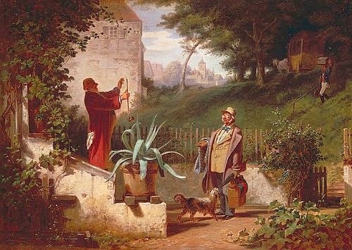 Carl Spitzweg, Die Jugendfreunde. Um 1855 (Spitzweg,Carl,1808-1885,München,Städtische Galerie,Öl auf Leinwand,Spitzweg,Carl Spitzweg,19. Jahrhundert,Biedermeier,Reise,reisen,Gefühl,Dialog,Freund,Freunde,Ankunft,Wiedersehen,Freude,Freundschaft,willkommen heißen)