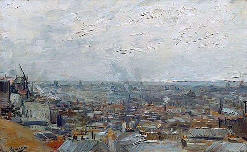 Vincent van Gogh, Die Dächer von Paris (Vue de Paris, prise de Montmartre). 1886 (19. Jahrhundert,Öl auf Leinwand,Basel,Kunstmuseum,1853-1890,Gogh,Vincent van,Paris,Stadtlandschaft,Gogh, Vincent van 1853-1890,les toits de Paris,Le Radet,Mühle,Großstadt,Dachlandschaft)