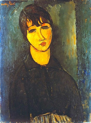 Amadeo Modigliani, Bildnis eines Dienstmädchens. Um 1916 (Öl auf Leinwand,Portrait,20. Jahrhundert,1884-1920,Modigliani,Amadeo,Zürich,Kunsthaus,Frau,jung,Modigliani, Amadeo 1884-1920,Dienstmädchen,Dienerin,Brustbild,dunkel)