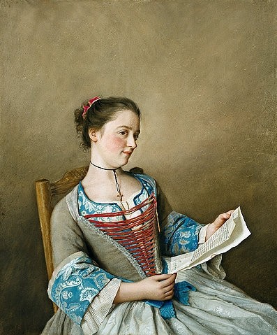 Jean-Étienne Liotard, Die Lesende (Bildnis der Marianne Lavergne). Um 1746/54 (Klassizismus, Portrait, junge Frau, Lesende, Brief, Mieder, nachdenklich, sitzend, Kreuz, Halskette, Wunschgröße, Bibliothek, Wohnzimmer, Klassiker)