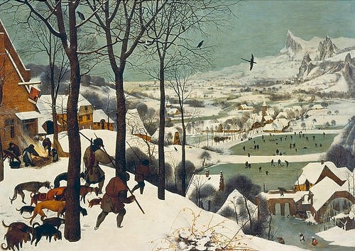 Pieter BRUEGHEL DER ÄLTERE, Die Heimkehr der Jäger. (Jahreszeit, Winter, Schnee, Kälte, Jäger, Jagdhunde, Schlittschuhläufer, Dorf, Genremalerei, Landschaft, Renaissance, Klassiker, Malerei, Wohnzimmer, Wunschgröße, bunt)