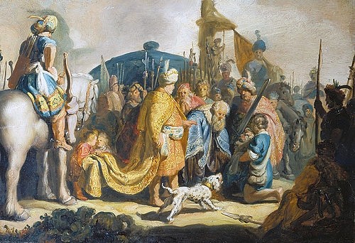 Rembrandt van Rijn, David übergibt König Saul das Haupt Goliaths. 1627 (Rembrandt van Rijn,1606-1669,Basel,Kunstmuseum,Öl/Eichenholz,17. Jahrhundert,Barock,Altes Testament,David,Saul,Goliath,Rembrandt van Rijn 1606-1669)