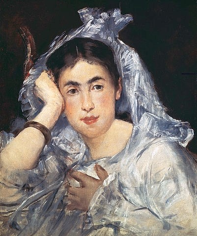 Édouard Manet, Marguerite de Conflans mit Kapuze. 1873 (Frau, Schleier, weißes Kleid, edel, Portait, bildnis, Persönlichkeiten, Impressionismus, Wohnzimmer, Klassiker, Wunschgröße,)