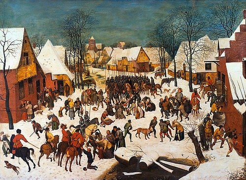 Pieter BRUEGHEL DER ÄLTERE, Der bethlehemitische Kindermord. (Kindermord, Neues Testament, Bibel, Gewalt, Totschlag, Leid, Soldaten, Winter, Schnee,  Renaissance, Klassiker, Malerei,  Wohnzimmer, bunt)