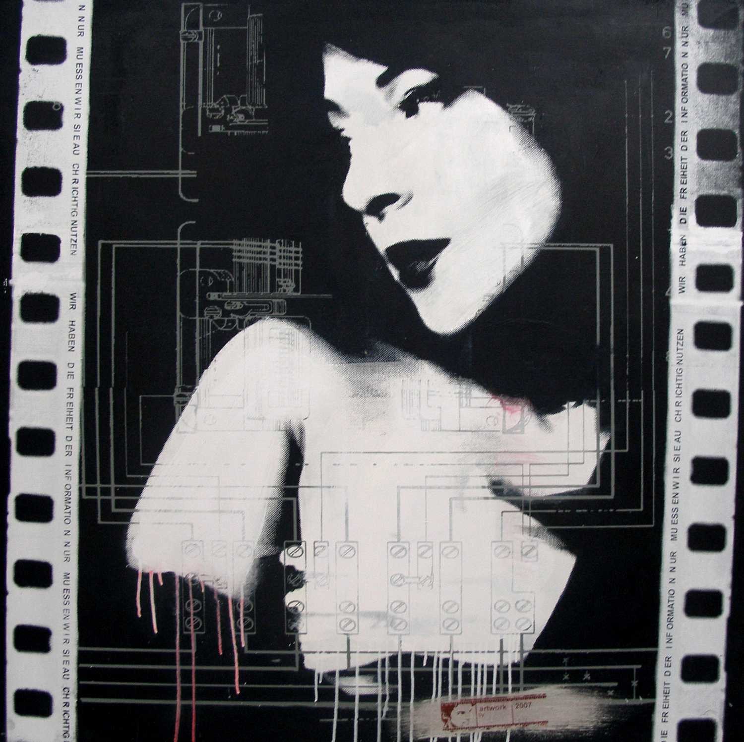 Peter Sander, Mystery Girl (Filmstreifen, Frauenportait, Popart Künstler, modern, illustrativ, Wunschgröße, Treppenhaus, Wohnzimmer, schwarz/weiß)