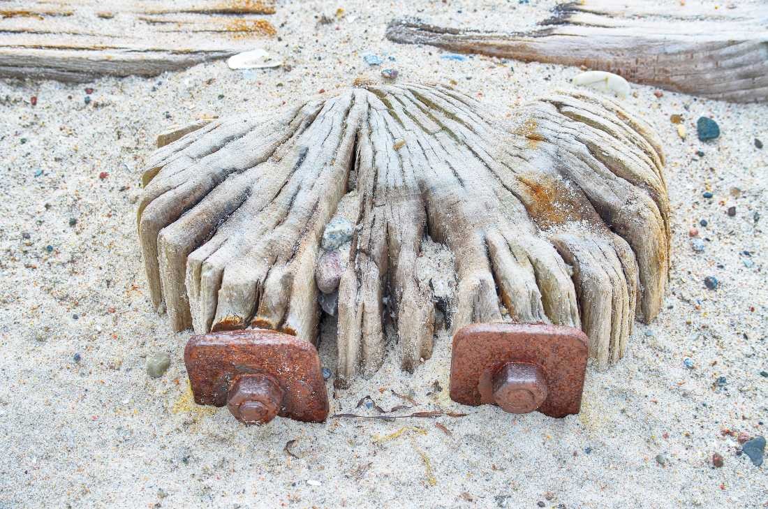 Irk Boockhoff, Verwittertes Holz am Strand 2 (Strand, Sand, Holz, verwittert, morbid, maritim, Fotokunst, Treppenhaus, Wohnzimmer, Badezimmer, Wunschgröße, bunt)