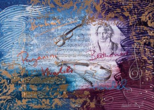 Hewitt Annabel Violin (Monotypie, handsigniert) (Violine, Geige, Cello, Streichinstrumente, Beethoven, Komponist, Musik, Instrumente, abstakter Hintergrund, abstrakte Muster, modern, Wohnzimmer, Treppenhaus, Musikzimmer, Original, bunt)