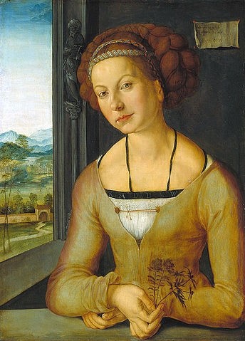 Albrecht  (zugeschrieben) Dürer, Bildnis der sogenannten Fürlegerin mit geflochtenem Haar. (16. Jahrhundert,Öl auf Holz,Dürer,Albrecht  (zugeschrieben),Leipzig,Museum der bildenden Künste,Frau,Pflanze,Kräuter,Heilkräuter,Heilkraut,Bildnis,Portrait,Fürlegerin,Hand,Heilkunde,Naturmedizin,Medizin,Albrecht Dürer,Fenster,Heilerin)