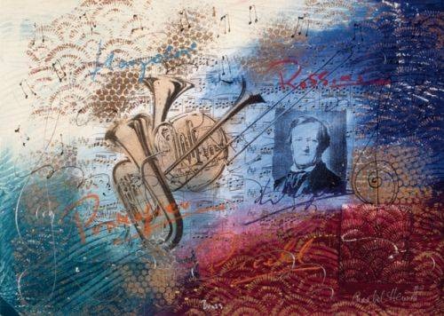Hewitt Annabel Brass (Monotypie, handsigniert) (Horn, Posaune, Tuba, Blechblasinstrumente, Richard Wagner, Komponist, Musik, Instrumente, abstakter Hintergrund, abstrakte Muster, modern, Wohnzimmer, Treppenhaus, Musikzimmer, Original, bunt)