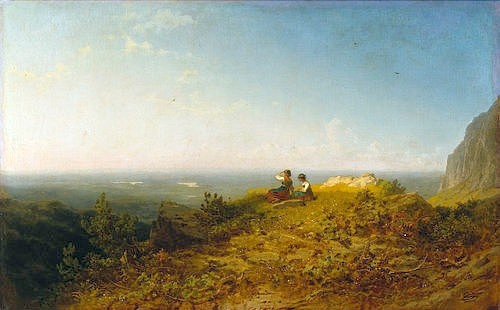 Carl Spitzweg, Zwei Mädchen auf der Alm. Um 1873 (19. Jahrhundert,Leipzig,Museum der bildenden Künste,1808-1885,Spitzweg,Carl,Spitzweg,Carl Spitzweg,Aussicht,Alm,in den Bergen,Rast,Blick,Aussichtspunkt,Wanderung,Fernsicht)