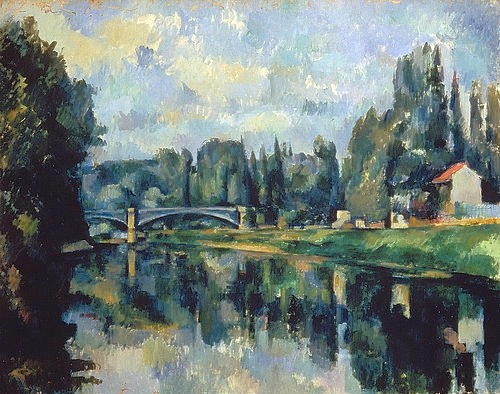 Paul Cézanne, Ufer der Marne. Um 1880 (Landschaft, Frankreich, Dorf, Créteil, Marne, Fluss, Brücke, Flussufer, Spiegelung,  Klassiker, Impressionismus, Wunschgröße, Wohnzimmer)