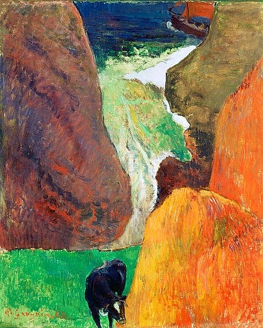 Paul Gauguin, Seestück mit Kuh zwischen Klippen. (Marine avec vache. Au bord du gouffre). 1888 (Gauguin,Paul,1848-1903,Paris,Musée d'Orsay,Öl auf Leinwand,19. Jahrhundert,Post-Impressionismus,Paul Gauguin,Klippe,Klippen,Felsen,Steilküste,Meer,Küste,Stier,Kuh)