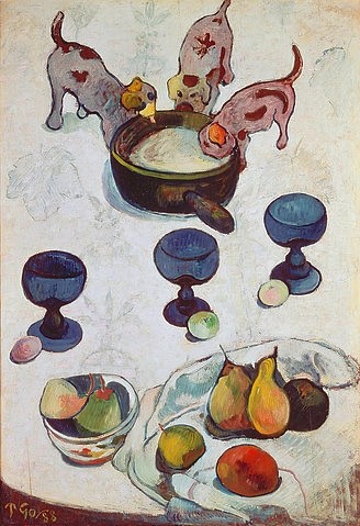 Paul Gauguin, Stilleben mit drei Hündchen. 1888. (New York,Museum of Modern Art,Gauguin,Paul,1848-1903,Öl auf Holz,Gauguin, Paul Gauguin,19. Jahrhundert,Hund,Hunde,Hündchen,Stilleben,Stillleben,Obststillleben,drei,füttern,Milchschale)