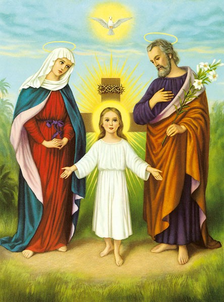 Anonym, JESUS, MARIA, JOSEPH (Malerei, Madonna, Maria, Joseph, Heilige Familie, Christuskind, Lilien, Symbol, Heiliger Geist, Taube, religiös, Christlich, spirituell, Wohnzimmer, Schlafzimmer, Wunschgröße, bunt)