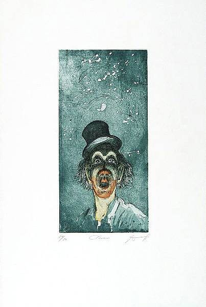 Noßmann Andreas Clownerie (Radierung, handsigniert) (Clown, Clownsgesicht, Grimasse, düster, Grafik, Original, signiert, Wohnzimmer, Treppenhaus, bunt)
