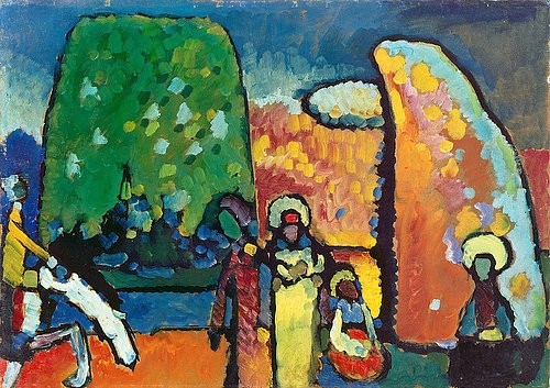 Wassily Kandinsky, Studie zu Improvisation 2 (Trauermarsch) 1909 (Expressionismus,20. Jahrhundert,Öl/Pappe,1866-1944,München,Städtische Galerie,Kandinsky,Wassily,trauermarsch,gegenständlich,personen,Kandinsky,Neue Künstlervereinigung München, NKVM)