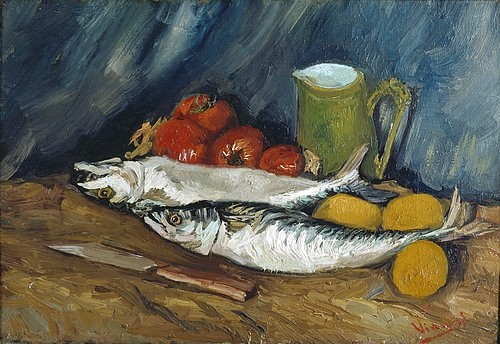 Vincent van Gogh, Makrelen, Zitronen und Tomaten. 1886 (Stillleben,19. Jahrhundert,Winterthur,Sammlung Oskar Reinhart,1853-1890,Gogh,Vincent van,Nahrungsmittelstillleben,Gogh, Vincent van 1853-1890,Fisch,Fische,Krug,Messer,Zitrone,Tomate,Post-Impressionismus)