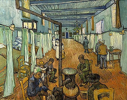 Vincent van Gogh, Das Hospital von Arles. 1889 (Öl auf Leinwand,Winterthur,Sammlung Oskar Reinhart,1853-1890,Gogh,Vincent van,Gogh,van Gogh,Vincent van Gogh,19. Jahrhundert,Medizin,Ofen,Krankenhaus,Schlafsaal,Krankenzimmer,Krankenbett,Kranke,Bettvorhang,Bettvorhänge,Deckenlampe,Ofenrohr,Krankenschweste)