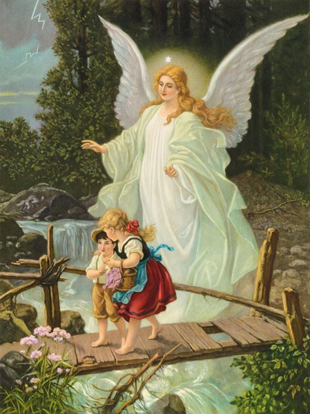 Anonym, HL. SCHUTZENGEL (Malerei, Kinder, Brücke, Gefahr, Schutzengel, behüten, Nostalgie, religiös, Christlich, spirituell, Wohnzimmer, Schlafzimmer, Wunschgröße, bunt)