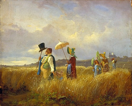 Carl Spitzweg, Der Sonntagsspaziergang. 1841 (Spitzweg,Carl,1808-1885,Salzburg,Museum Carolino-Augusteum,Öl auf Holz,Wandern,Familie,Sommer,Feld,Schirm,Spitzweg,19. Jahrhundert,biedermeier,Sonntag,Ausflug)