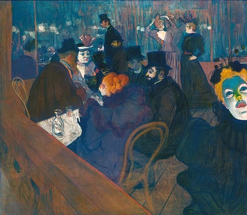 Henri de Toulouse-Lautrec, Im Moulin Rouge. 1892/93 (Toulouse-Lautrec,Henri de,1864-1901,Chicago,Art Institute,Öl auf Leinwand,Wirtshaus,Paris,Toulouse-Lautrec, Henri de Toulouse Lautrec,19. Jahrhundert,Montmartre,Nachtleben,Bar,ausgehen,Cafe,Café,Zylinder,Gruppe,zusammensitzen,Abend,Nacht,nachts,Moulin de)