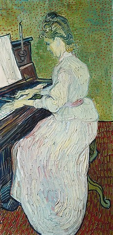Vincent van Gogh, Mademoiselle Gachet am Piano. 1890 (19. Jahrhundert,Öl auf Leinwand,Basel,Kunstmuseum,1853-1890,Gogh,Vincent van,Gogh, Vincent van Gogh,Musik,Klavier,19. Jahrhundert,weißes Kleid,Duktus,Pinselduktus,Marguerite Gachet,Portrait,Portät,Hausmusik,Kerze,Post-Impressionismus)