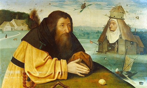 Hieronymus Bosch, Die Versuchung des heiligen Antonius. (Malerei, Klassiker,  Renaissance, biblische Gestalt, Heiliger Antonius, Versuchung, Phantasie, Landschaft, Wunschgröße, bunt)