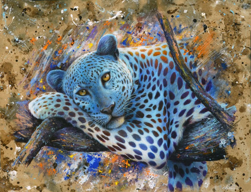 Jean-Marc Chamard, Leopard (Leopard, Raubkatze, Großkatze, Raubtier,  Tier, faul, abhängen, satt, modern, Wohnzimmer, Treppenhaus, Malerei, Wunschgröße, bunt)