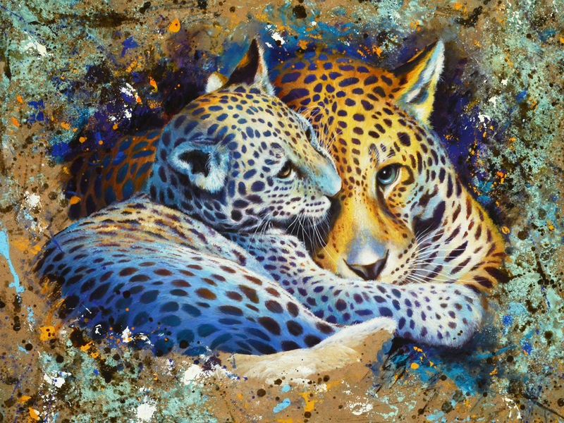 Jean-Marc Chamard, Panther with cub 01 (Leopard, Raubkatze, Großkatze, Raubtier, Leopardenbaby, Mutter/Kind, Tier, modern, Wohnzimmer, Treppenhaus, Malerei, Wunschgröße, bunt)