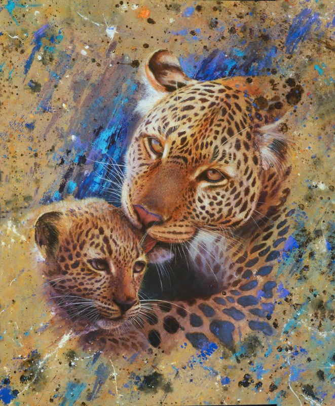 Jean-Marc Chamard, Panther with cub 02 (Leopard, Raubkatze, Großkatze, Raubtier, Leopardenbaby, Mutter/Kind, Tier, modern, Wohnzimmer, Treppenhaus, Malerei, Wunschgröße, bunt)