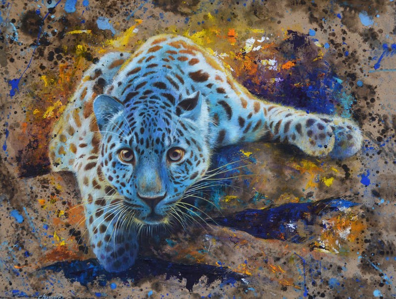 Jean-Marc Chamard, Panther 01 (Leopard, Raubkatze, Großkatze, Raubtier, Tier, aufmerksam, modern, Wohnzimmer, Treppenhaus, Malerei, Wunschgröße, bunt)