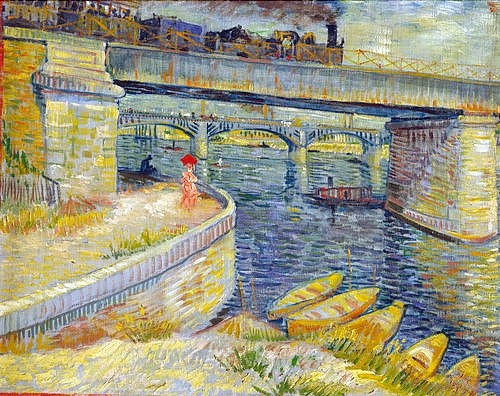 Vincent van Gogh, Seinebrücke bei Asnières. 1887 (Brücke, Frankreich, Eisenbahn, Dampflok, Fluss, Seine, Boote, Landschaft, Klassische Moderne, Impressionismus, Wohnzimmer, Treppenhaus, Wunschgröße, bunt)