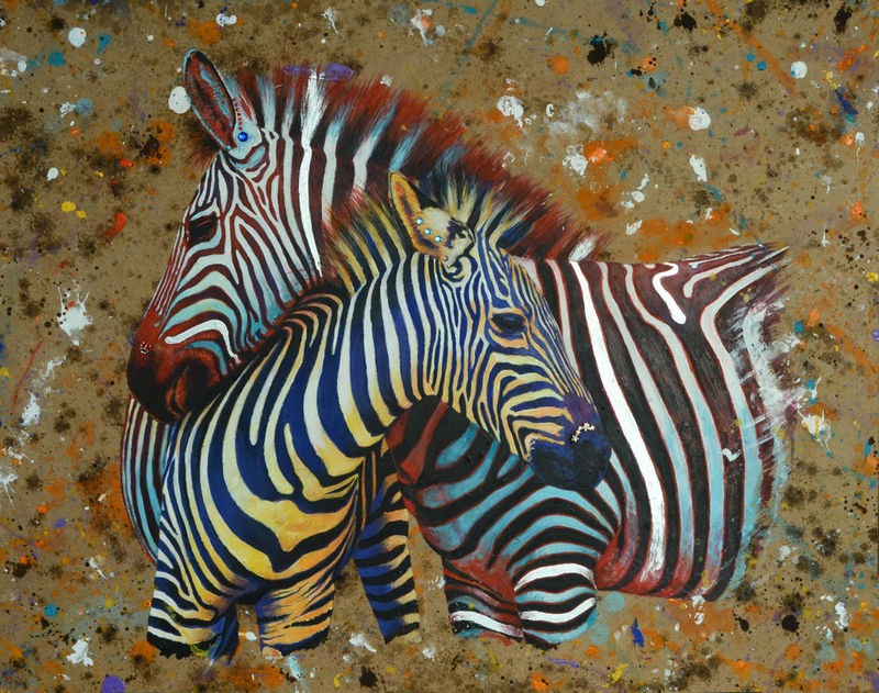 Jean-Marc Chamard, Zebras (Zebras, Mutter/Kind, Fürsorge, Großwild, Afrika, Tiere,  modern, Wohnzimmer, Treppenhaus, Malerei, Wunschgröße, bunt)