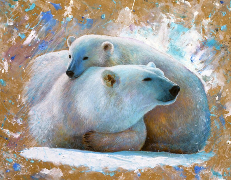 Jean-Marc Chamard, Polar Bear with cub 03 (Mutter/Kind, Fürsorge, Eisbären, Tiere,  modern, Wohnzimmer, Treppenhaus, Malerei, Wunschgröße, bunt)