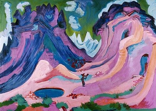 Ernst Ludwig Kirchner, Amselfluh. 1922 (Landschaft,Expressionismus,20. Jahrhundert,Öl auf Leinwand,Basel,Kunstmuseum,1880-1938,Kirchner,Ernst Ludwig,Ernst Ludwig Kirchner,Berge,Berglandschaft,Die Brücke,rosa,lila,Hornbläser)