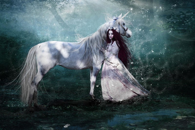 Babette, Faith of the Unicorn (Einhorn, junge Frau, Magie, mystisch, Fantasy, Märchen, Traumwelt, Gothic, Jugendzimmer, Schlafzimmer, Wohnzimmer, Treppenhaus, Wunschgröße, Digitalkunst, bunt)
