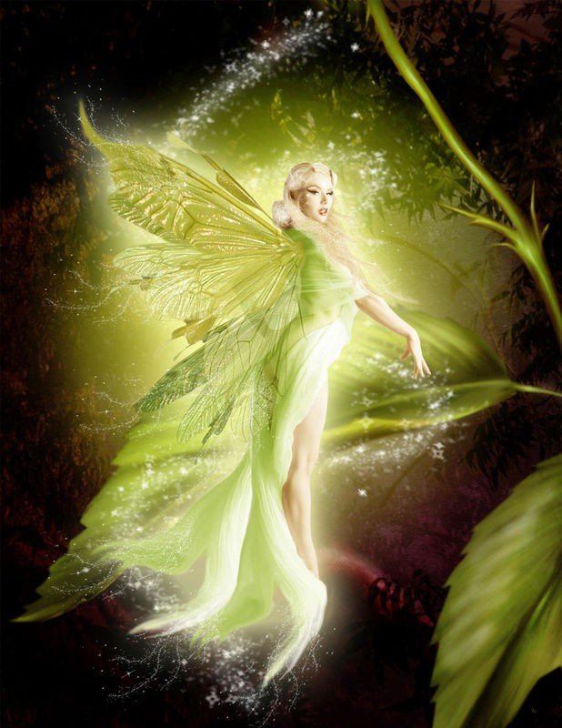 Babette, Fairy 5 (Elfe, Lichtpunkte, Elfenstaub, Waldelfe,Blattwerk, mystisch, Fantasy, Märchen, Traumwelt, Jugendzimmer, Schlafzimmer, Wohnzimmer, Treppenhaus, Wunschgröße, Digitalkunst, bunt)