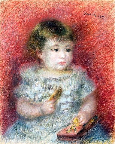 Pierre-Auguste Renoir, Kleines Mädchen mit Spielzeug. 1879 (Portrait, Kleinkind, Mädchen, Spielzeug, Impressionismus, klassische Moderne, Wunschgröße, Wohnzimmer, Malerei)