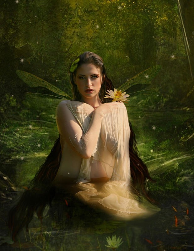 Babette, Fairy 7 (Elfe, Lichtpunkte, Waldsee, Waldelfe, mystisch, Fantasy, Märchen, Traumwelt, Jugendzimmer, Schlafzimmer, Wohnzimmer, Treppenhaus, Wunschgröße, Digitalkunst, bunt)