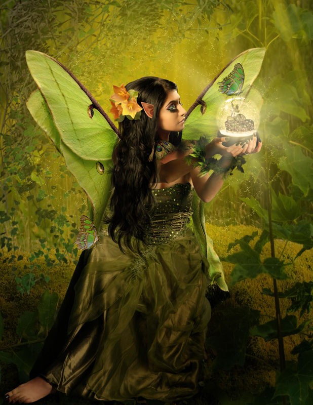 Babette, Fairy 16 (Elfe, Schneekugel, Lichtstrahlen, Schmetterlinge, Waldelfe,Blattwerk, mystisch, Fantasy, Märchen, Traumwelt, Jugendzimmer, Schlafzimmer, Wohnzimmer, Treppenhaus, Wunschgröße, Digitalkunst, bunt)