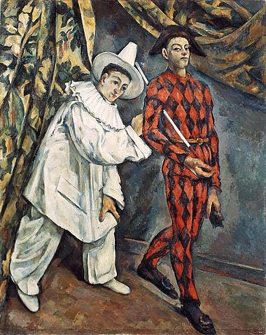 Paul Cézanne, Pierrot und Harlekin (Mardi Gras). 1888. (19. Jahrhundert,Moskau,Puschkin-Museum,1839-1906,Cézanne,Paul,Cézanne, Paul Cezanne,Theater,Karneval,Pierrot,Harlekin,Kostüme,Kostüm,Bühne,Vorhang)