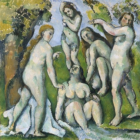Paul Cézanne, Fünf Badende (Cinq baigneuses). 1885/87 (Cézanne,Paul,1839-1906,Basel,Kunstmuseum,Öl auf Leinwand,19. Jahrhundert,Cézanne, Paul Cezanne,Badende,baden,fünf,Frauen,Akt,Akte,weiblich,weibliche,Post-Impressionismus,in der Natur,draußen,nackt,Körperhaltung,Positionen,Körper)