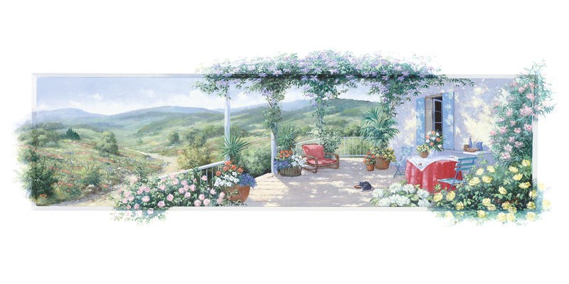 Peter Motz, Panorama II (Landschaft, Garten, Idylle, mediterran, Sommer, Blumen, Villa, Wunschgröße, Wohnzimmer, Treppenhaus)