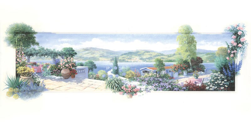Peter Motz, Panorama I (Landschaft, Garten, Terrasse, Ausblick, Idylle, mediterran, Sommer, Blumen, Wunschgröße, Wohnzimmer, Treppenhaus)