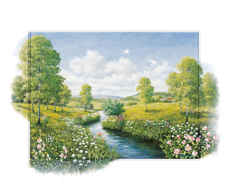 Peter Motz, Serenity by the stream (Landschaft, Garten, Idylle, mediterran, Sommer, Blumen, Villa, Wunschgröße, Wohnzimmer, Treppenhaus)