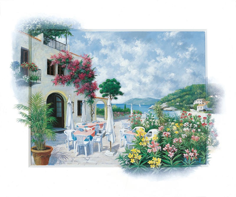 Peter Motz, Ocean terrace (Landschaft, Garten, Idylle, mediterran, Sommer, Blumen, Villa, Wunschgröße, Wohnzimmer, Treppenhaus)