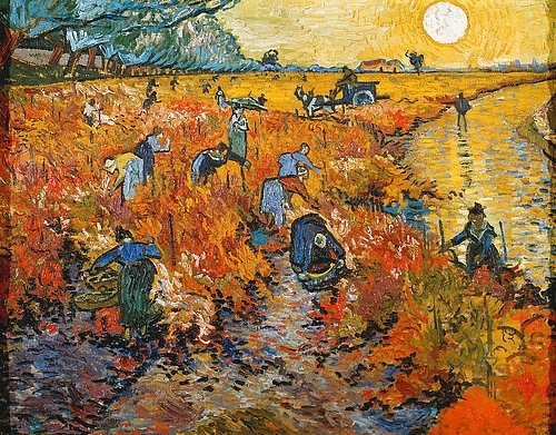 Vincent van Gogh, Der rote Weingarten in Arles. 1888 (Gogh,Vincent van,1853-1890,Moskau,Puschkin-Museum,19. Jahrhundert,Gogh, Vincent van Gogh,Wein,Ernten,Herbst,Abend,Post-Impressionismus,Sonne,rot,Farben,Fluss,Sonnenuntergang)