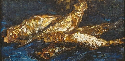 Vincent van Gogh, Stilleben mit Heringen. 1886 (19. Jahrhundert,Staechelin'sche Familienstiftung,1853-1890,Gogh,Vincent van,Nahrungsmittelstillleben,Gogh, Vincent van Gogh,Fische,Fisch,Hering,Heringe,Stillleben,Post-Impressionismus)
