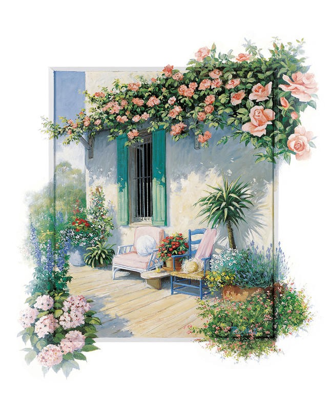 Peter Motz, A veranda in bloom I (Landschaft, Garten, Idylle, mediterran, Sommer, Blumen, Villa, Wunschgröße, Wohnzimmer, Treppenhaus)